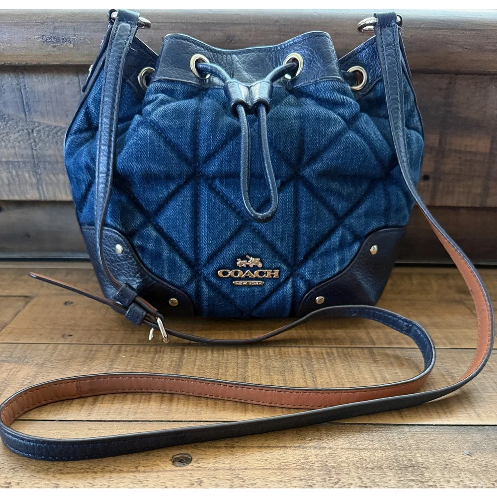 Coach Bucket Bag Womens Small Blue Quilted Denim Leather Drawstring Crossbody